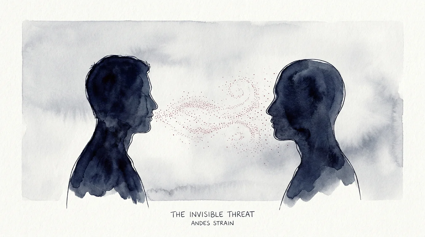 A conceptual watercolor illustration showing two human silhouettes with a faint red cloud representing viral transmission between them.