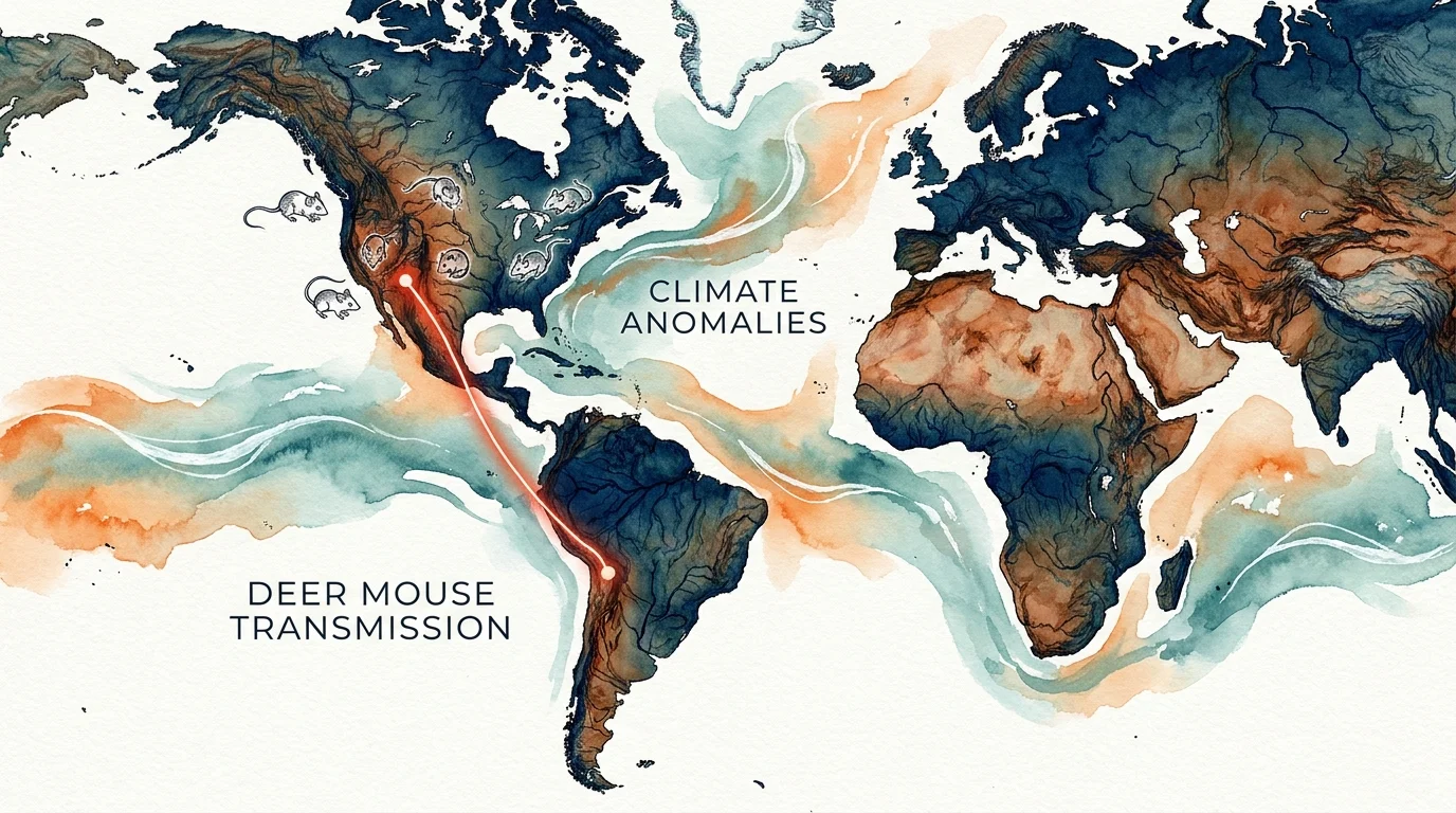 A conceptual watercolor map of the Americas showing the connection between different hantavirus strains and climate patterns.