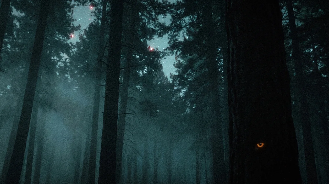 A dark, foggy forest at night with a single glowing eye hidden in the trees, representing the Fermi Paradox.