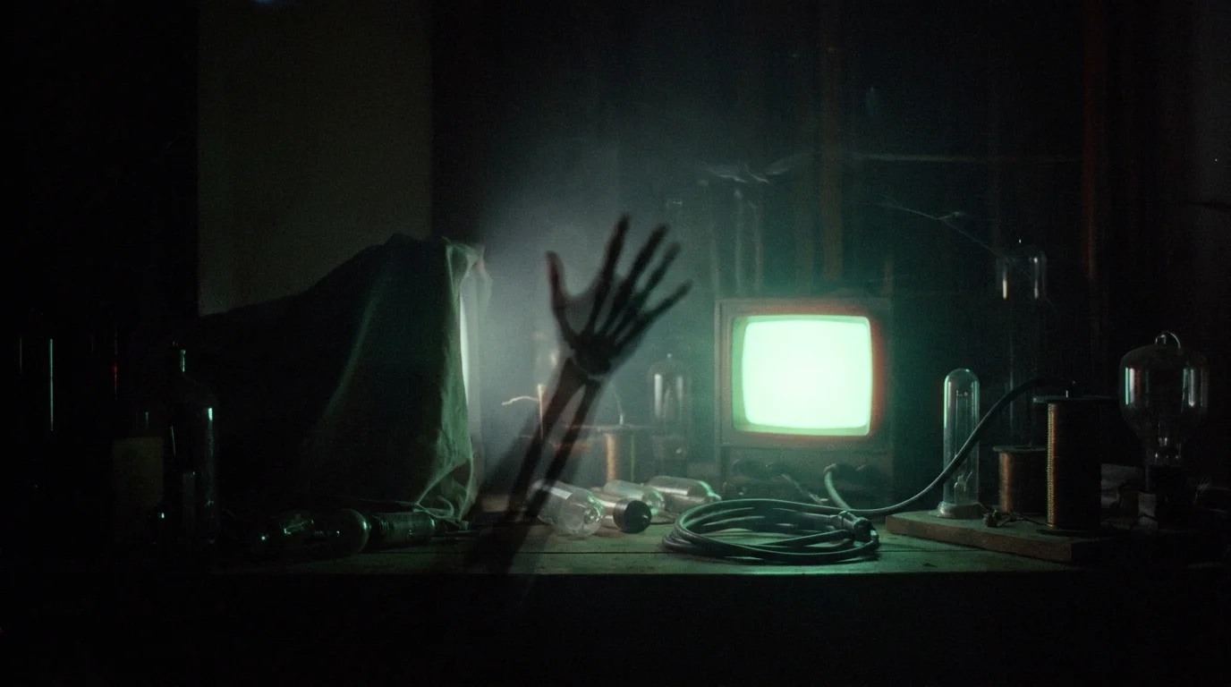 A dark lab where a hand's skeletal shadow is projected onto a glowing neon-green screen.