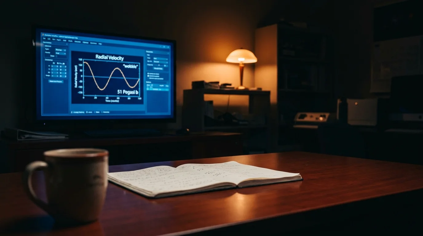 A dark research lab showing a computer monitor with a data graph labeled 51 Pegasi b, the first discovered exoplanet.