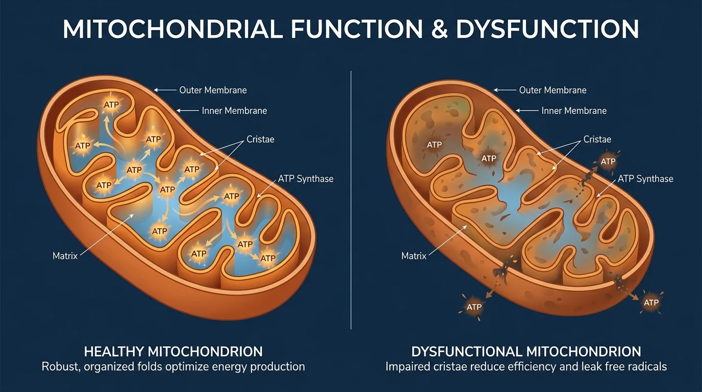 A diagram comparing a healthy, energy-producing mitochondrion with a dysfunctional one.