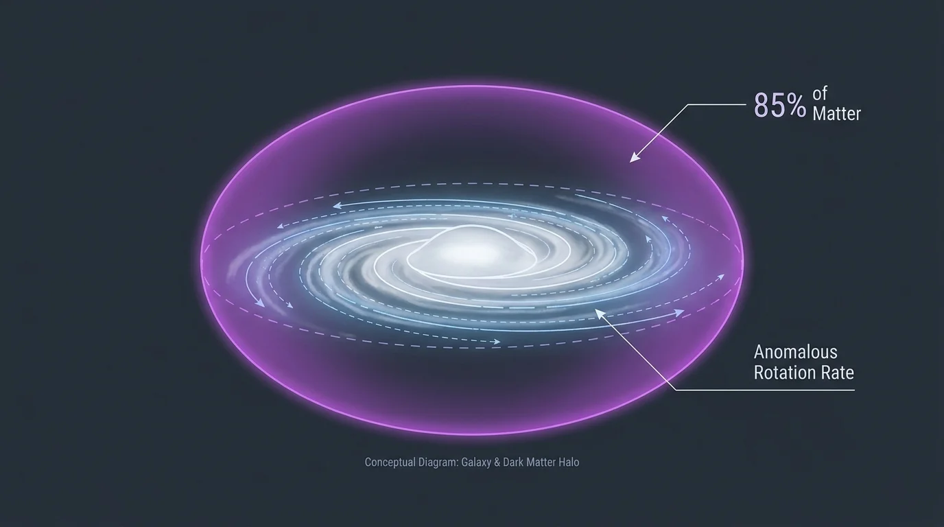 A diagram of a spiral galaxy showing the invisible dark matter scaffolding and a label stating it accounts for 85% of matter.