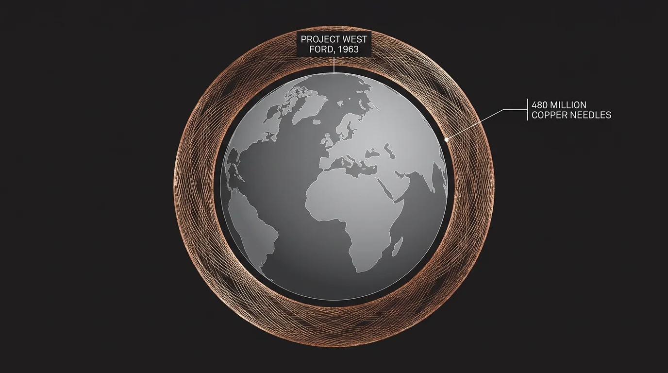 A diagram of Earth surrounded by a dense ring of 480 million copper needles in orbit.