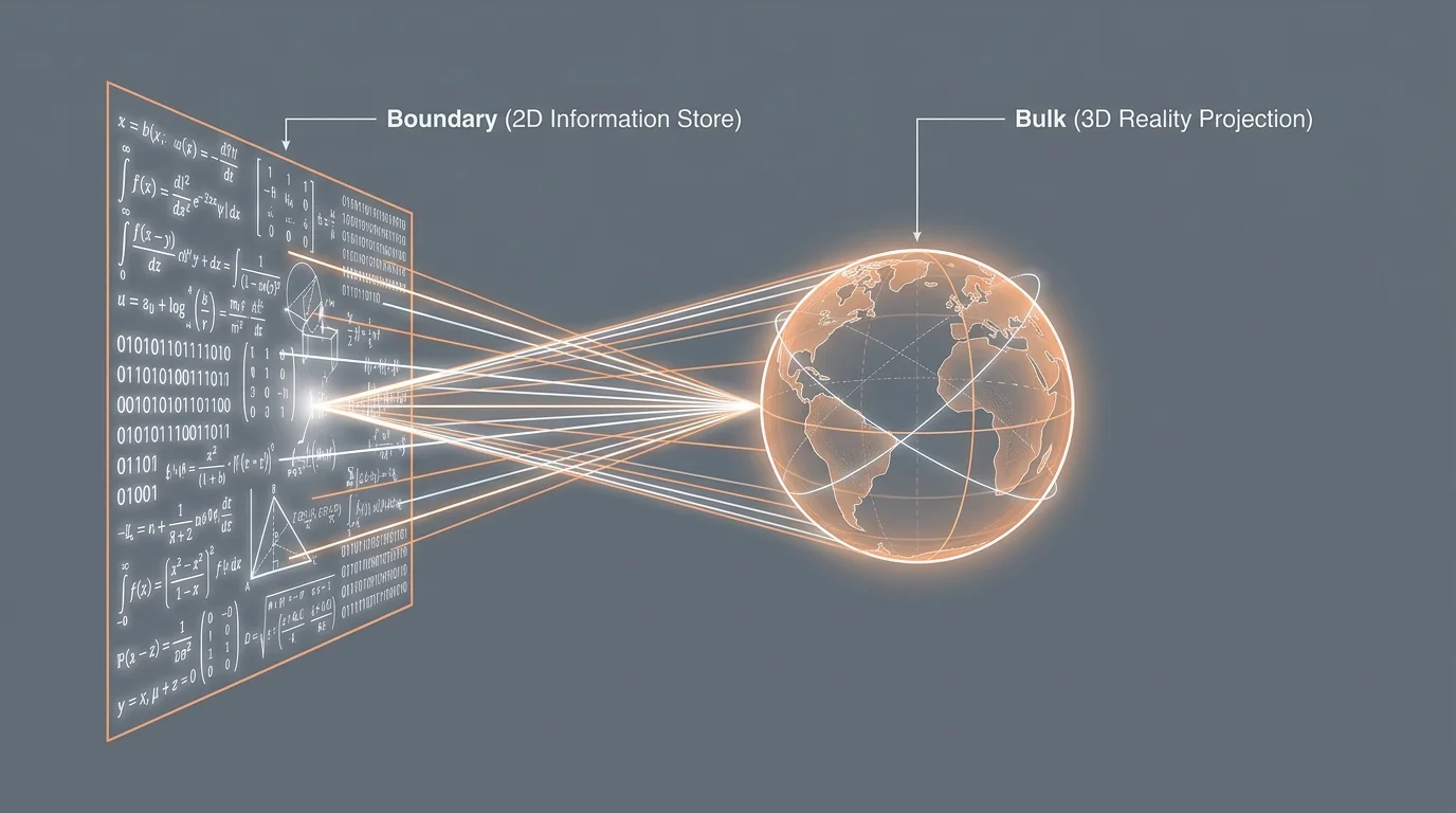 A diagram showing a flat 2D surface of data projecting a 3D holographic planet, labeled with Boundary and Bulk.