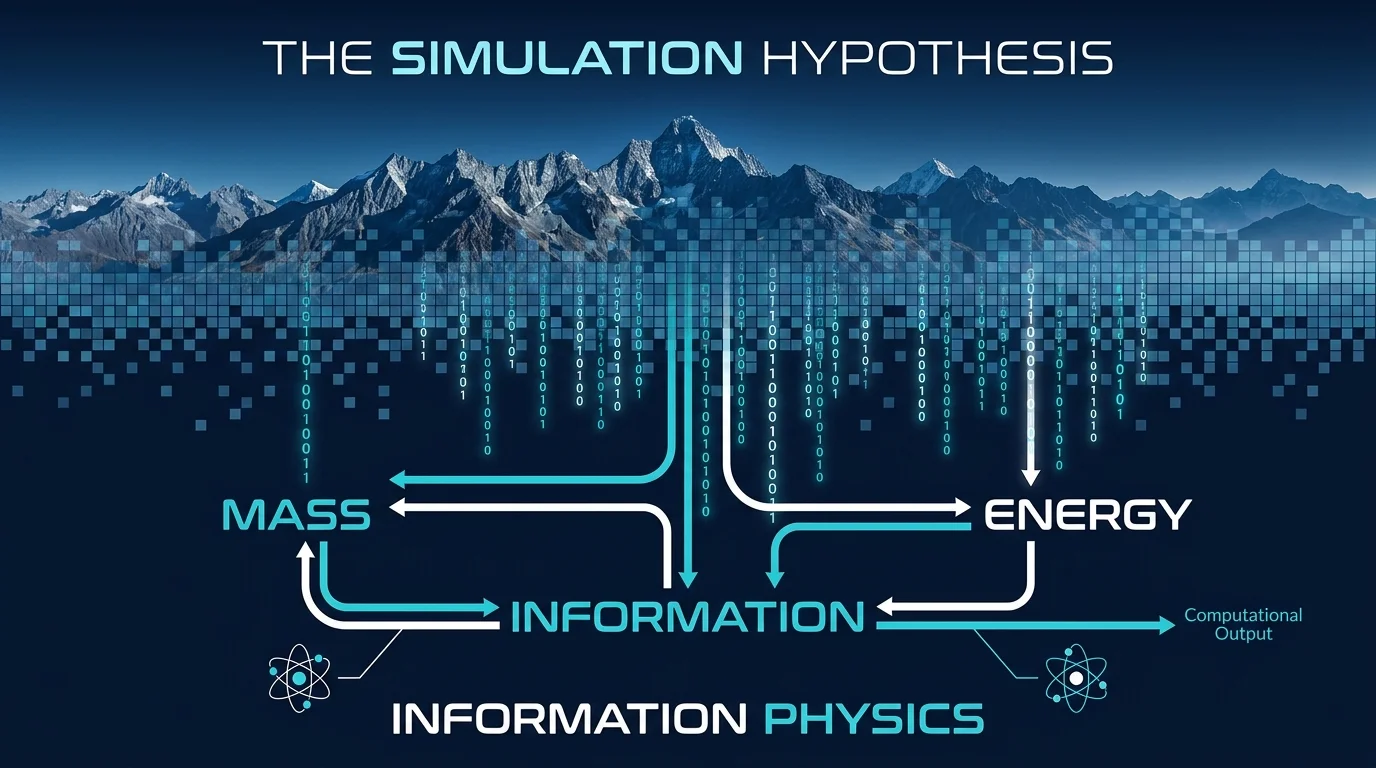 A diagram showing a mountain landscape turning into digital pixels and binary code, labeled with Mass, Energy, and Information.
