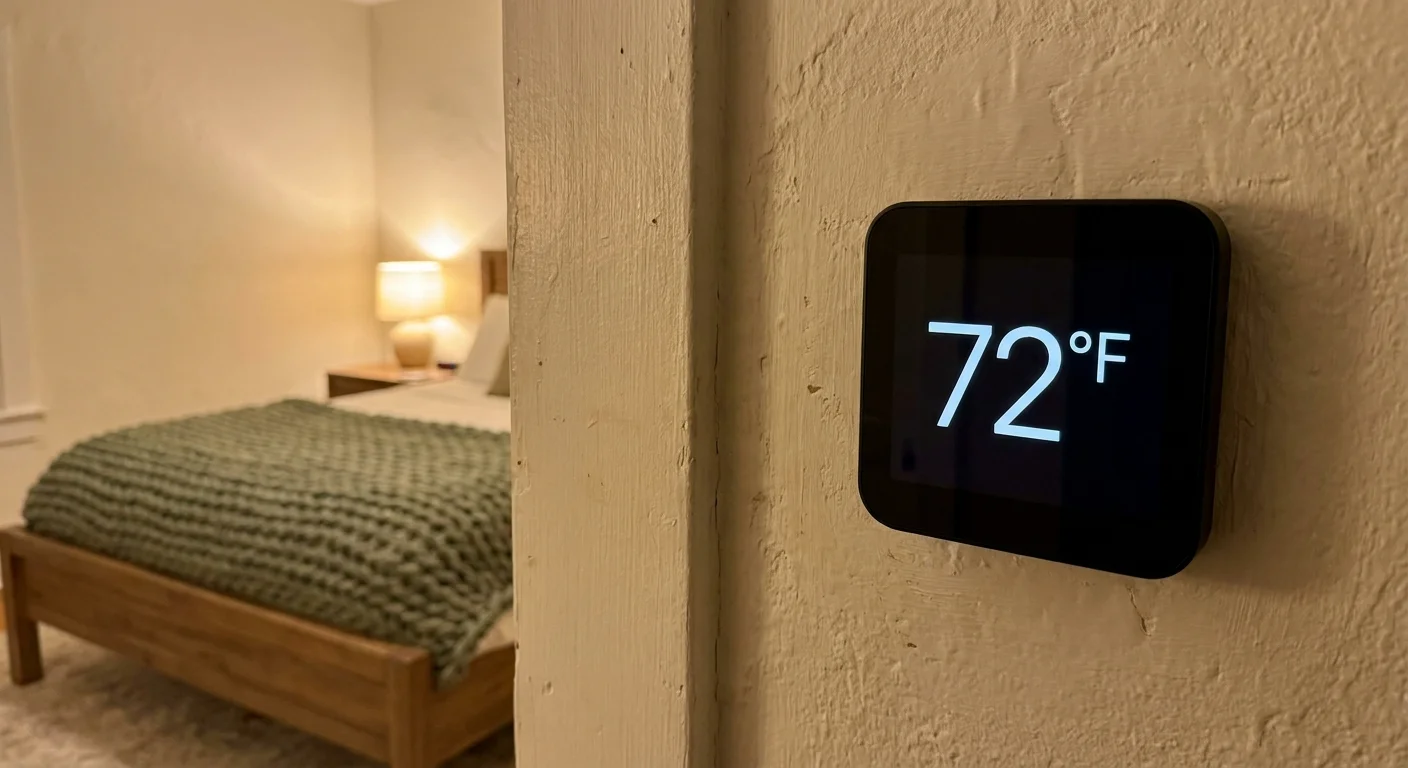 A digital thermostat reading 72 degrees Fahrenheit in a cozy, warm bedroom setting.