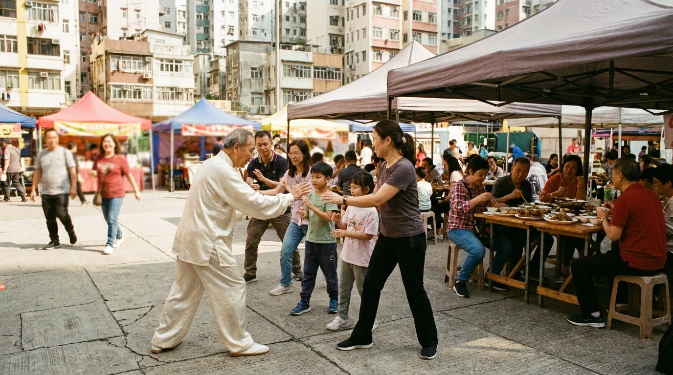 A documentary-style photo of an older man leading a Tai Chi group in a public plaza, representing global approaches to healthy aging.