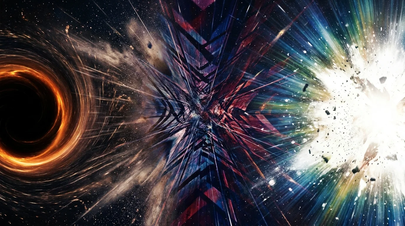 A dramatic abstract artwork showing a black hole on the left transitioning through a 'bounce' into a bright white hole on the right.