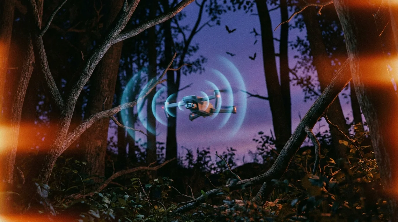 A drone navigating through trees at night using bat-inspired sonar pulses.