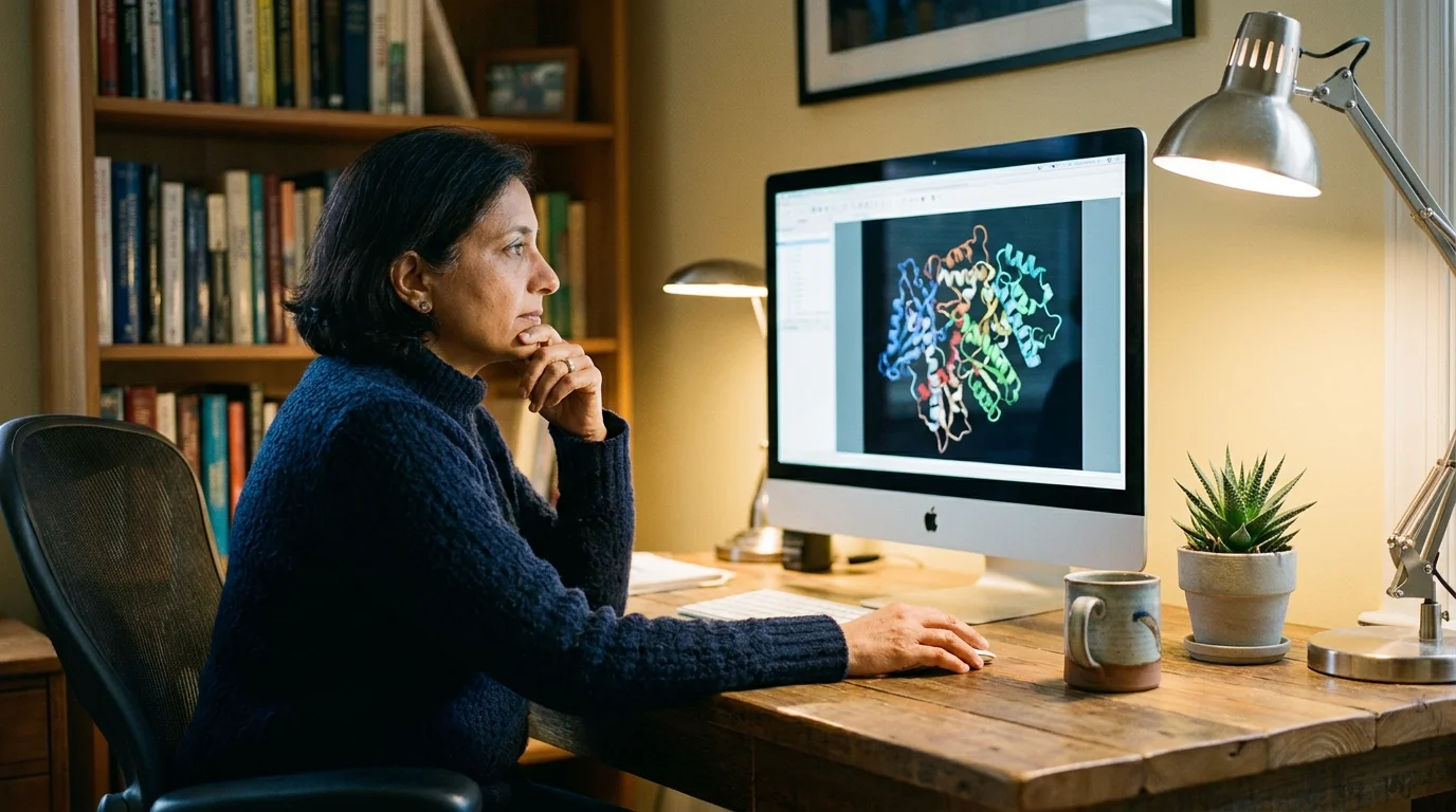 A female scientist in a home office looking at a molecular model on a screen, representing the experts leading the geroscience field.