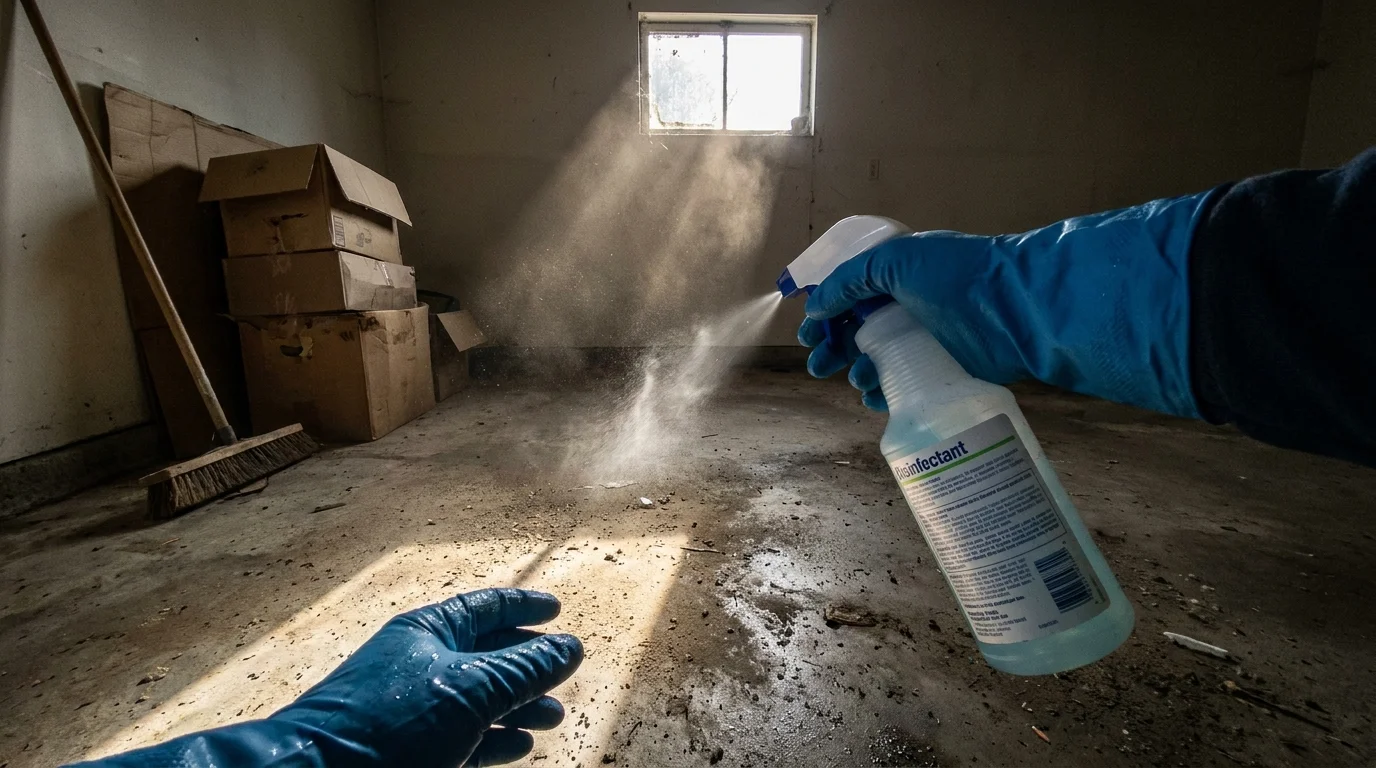 A first-person view of gloved hands holding a disinfectant spray in a dusty garage with sunbeams showing airborne dust particles.