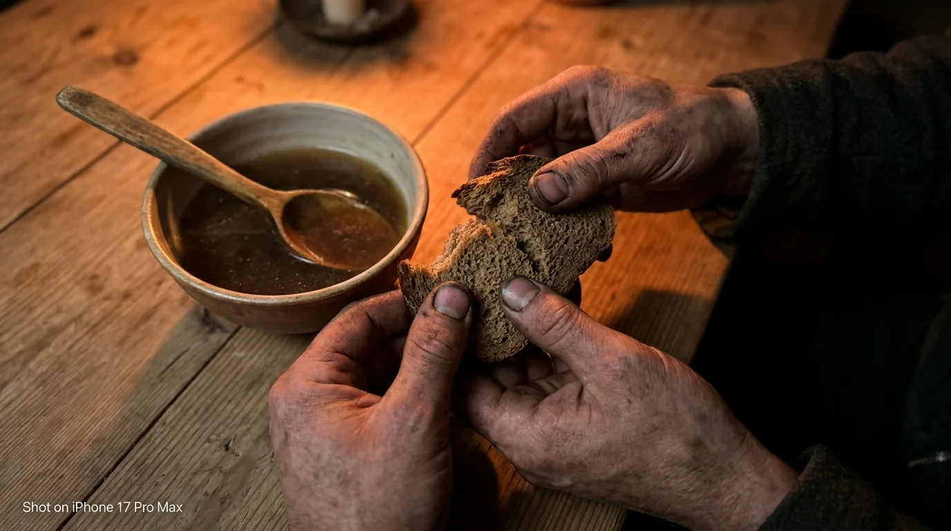 A first-person view of stained hands holding a piece of bread at a dimly lit dinner table.