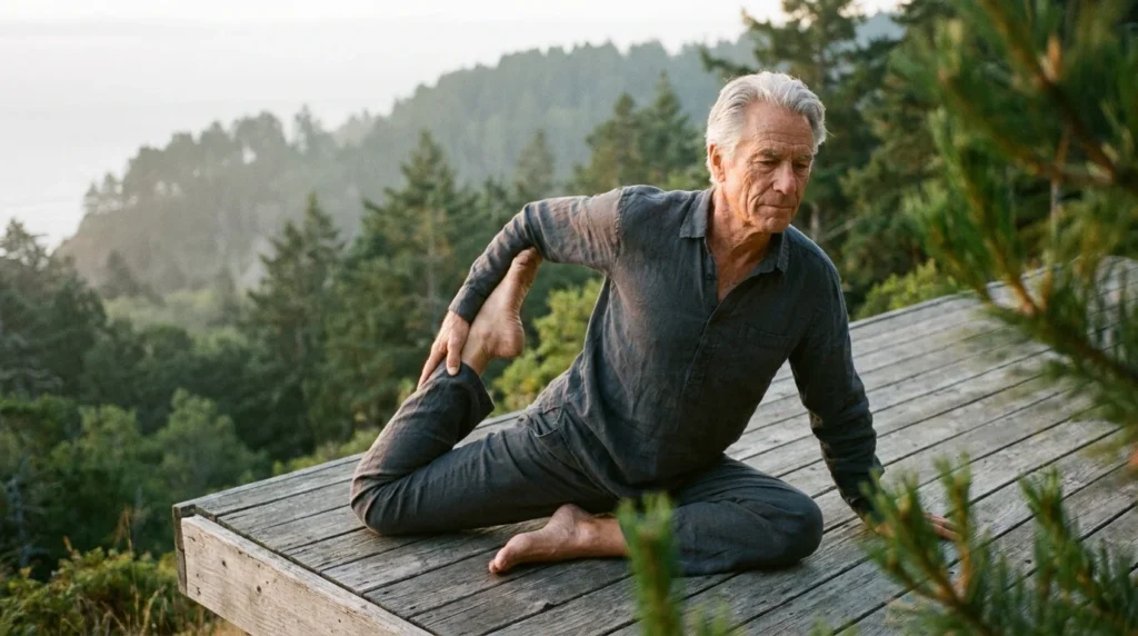 A fit, older man practices yoga on a deck at sunrise, symbolizing healthspan and vitality through aging.
