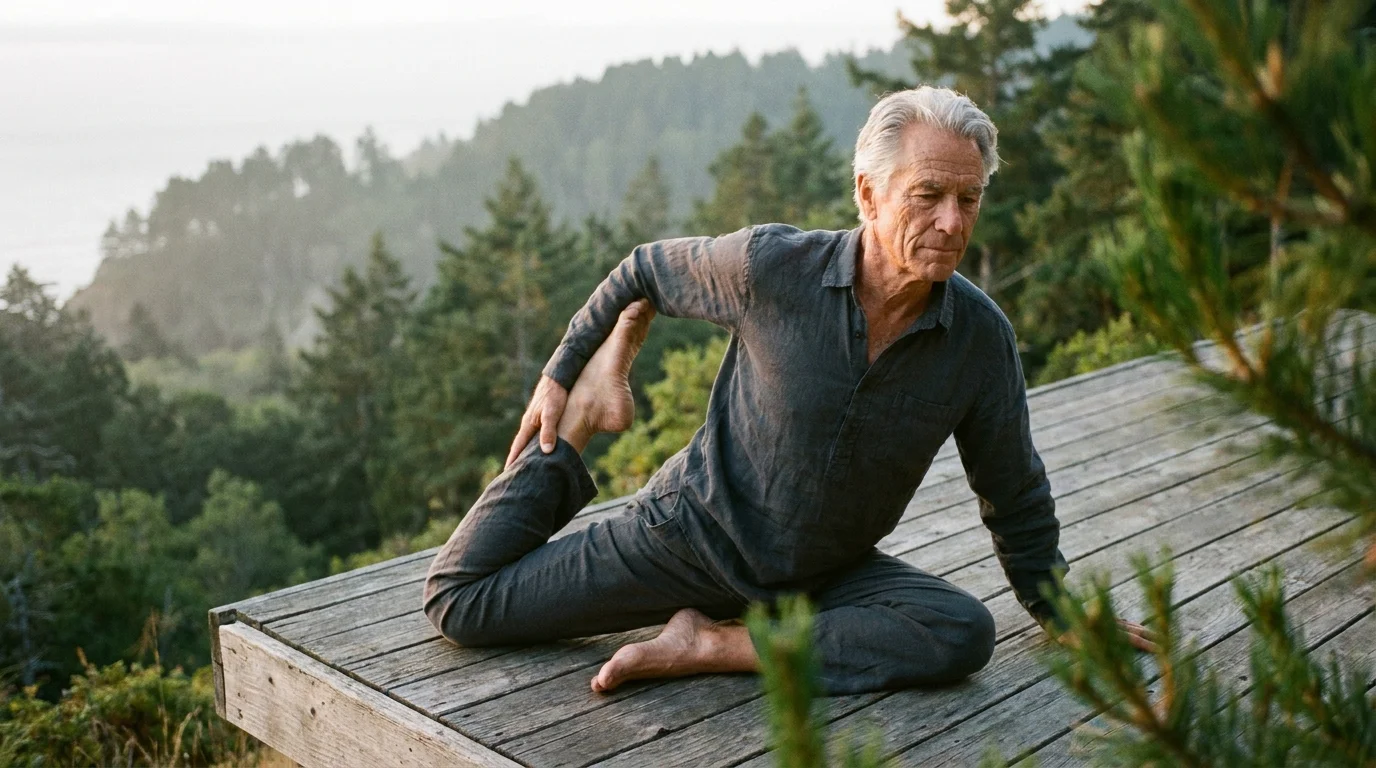 A fit, older man practices yoga on a deck at sunrise, symbolizing healthspan and vitality through aging.