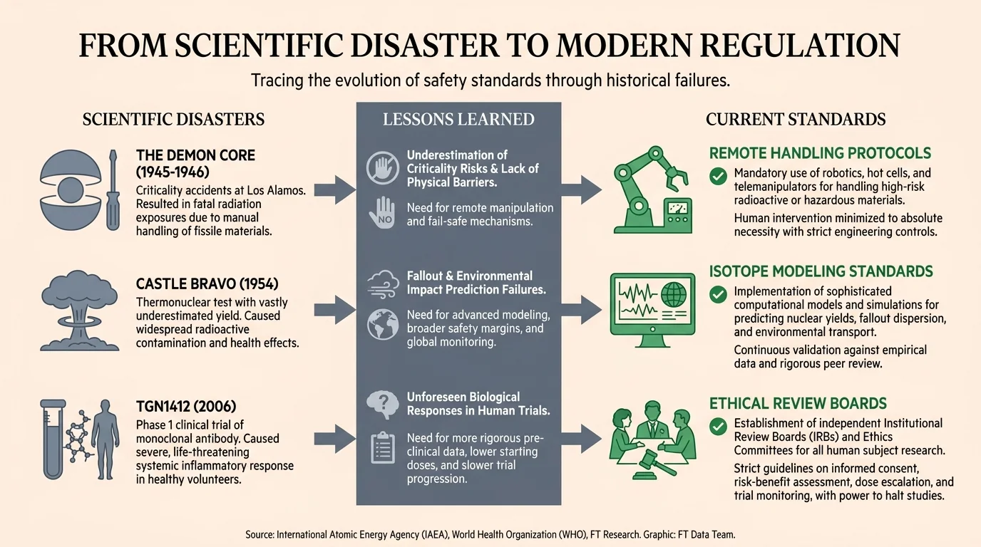 A flowchart showing how historical scientific disasters led to modern safety protocols and research standards.