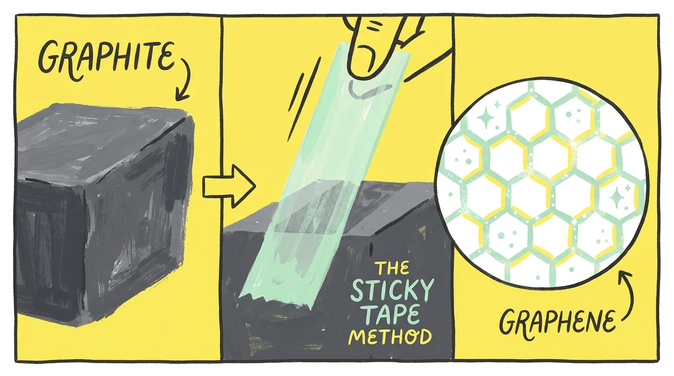 A gouache illustration showing a piece of tape peeling a single layer of carbon atoms from a block of graphite.