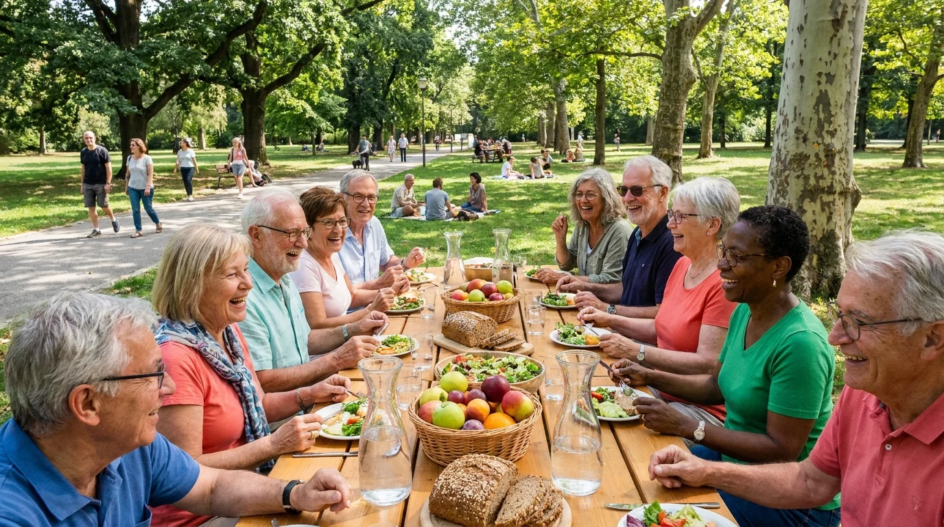 A group of active, diverse older adults laughing and talking at an outdoor table in a sunny park, representing a healthy aging society.