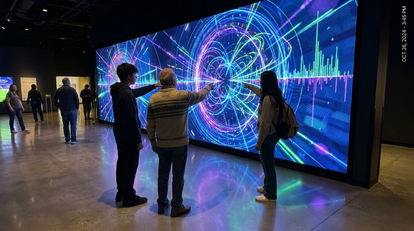 A group of diverse people at a science museum looking at a glowing exhibit about particle physics.