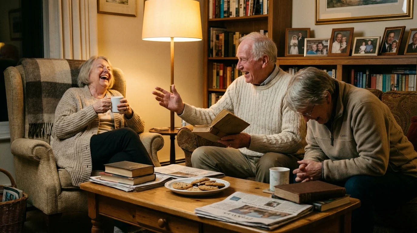 A group of older adults laughing and talking together in a cozy living room, emphasizing the importance of social connection.