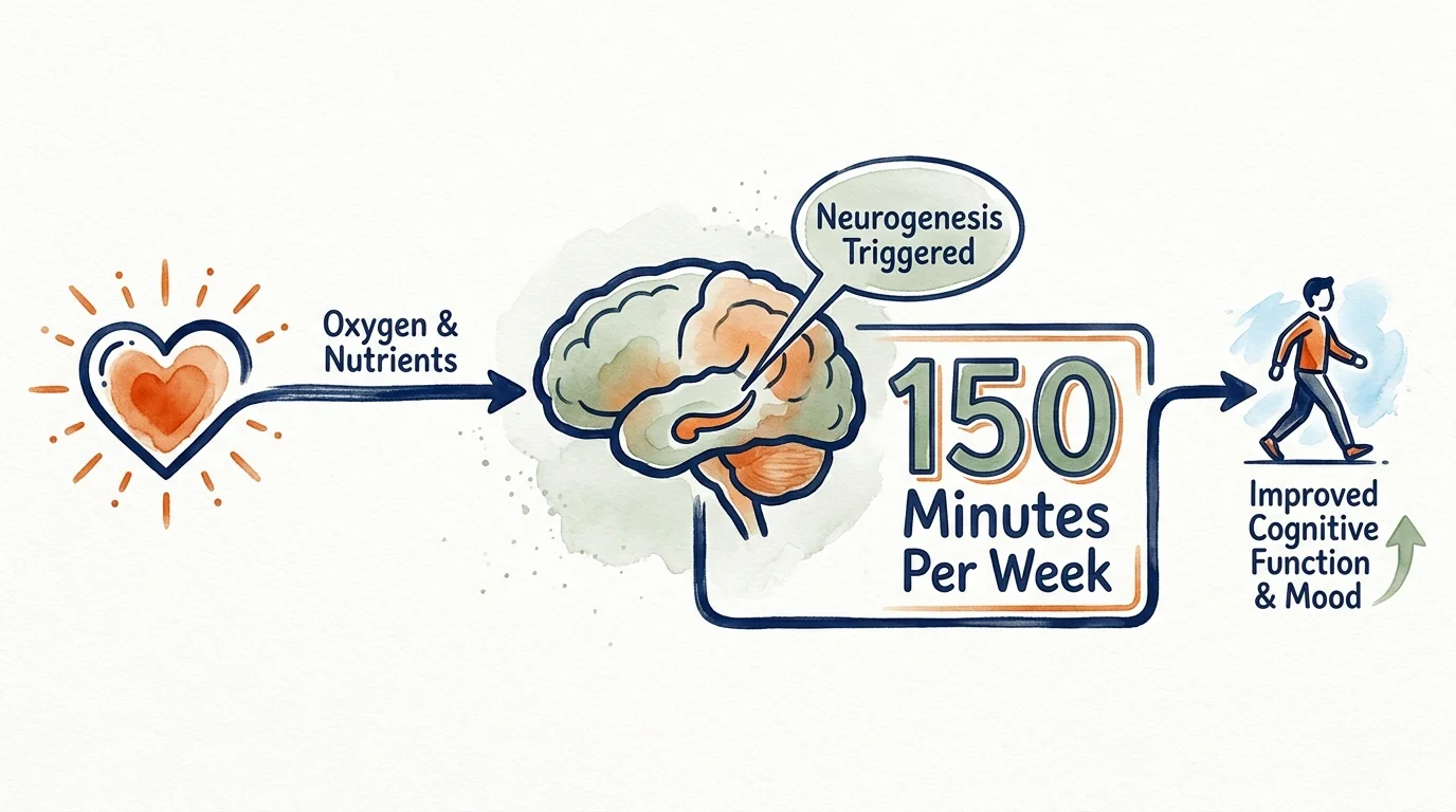 A hand-drawn diagram showing how 150 minutes of weekly exercise delivers oxygen to the brain to trigger neurogenesis.