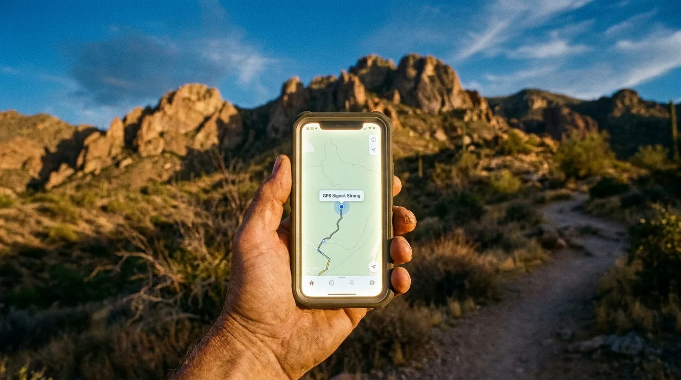 A hand holding a smartphone with a GPS map in a mountain landscape, showing the practical use of astrophysics on Earth.