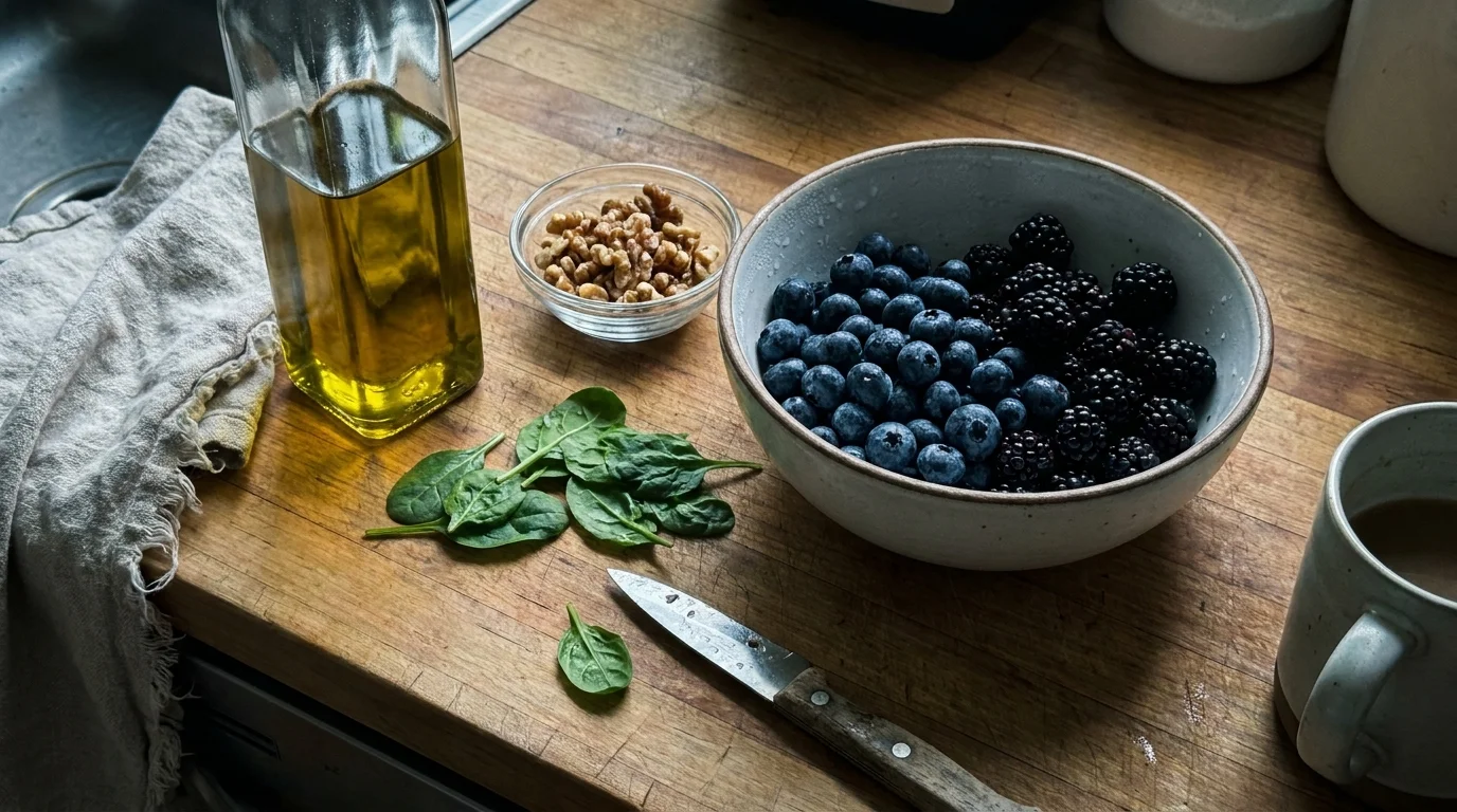 A kitchen counter with fresh blueberries, walnuts, and olive oil, representing the key components of the MIND diet.