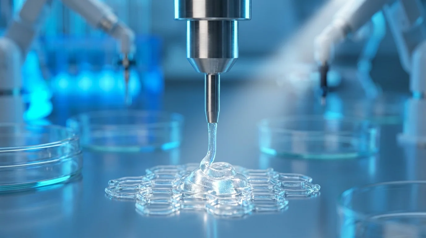 A macro photograph of a 3D bioprinter nozzle depositing a translucent bio-ink to create a cellular structure.