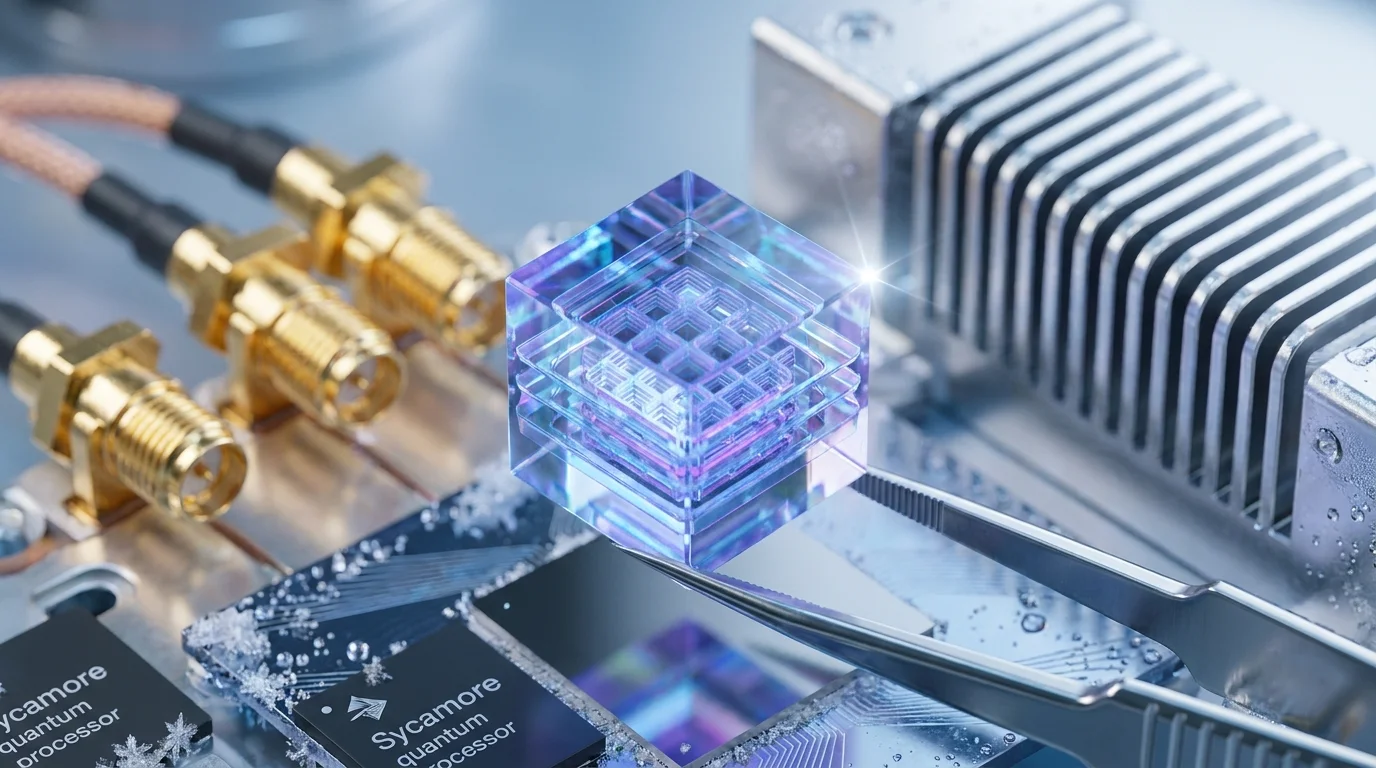 A macro photograph of a glowing synthetic crystal held by robotic tools inside a gold-wired quantum computer.