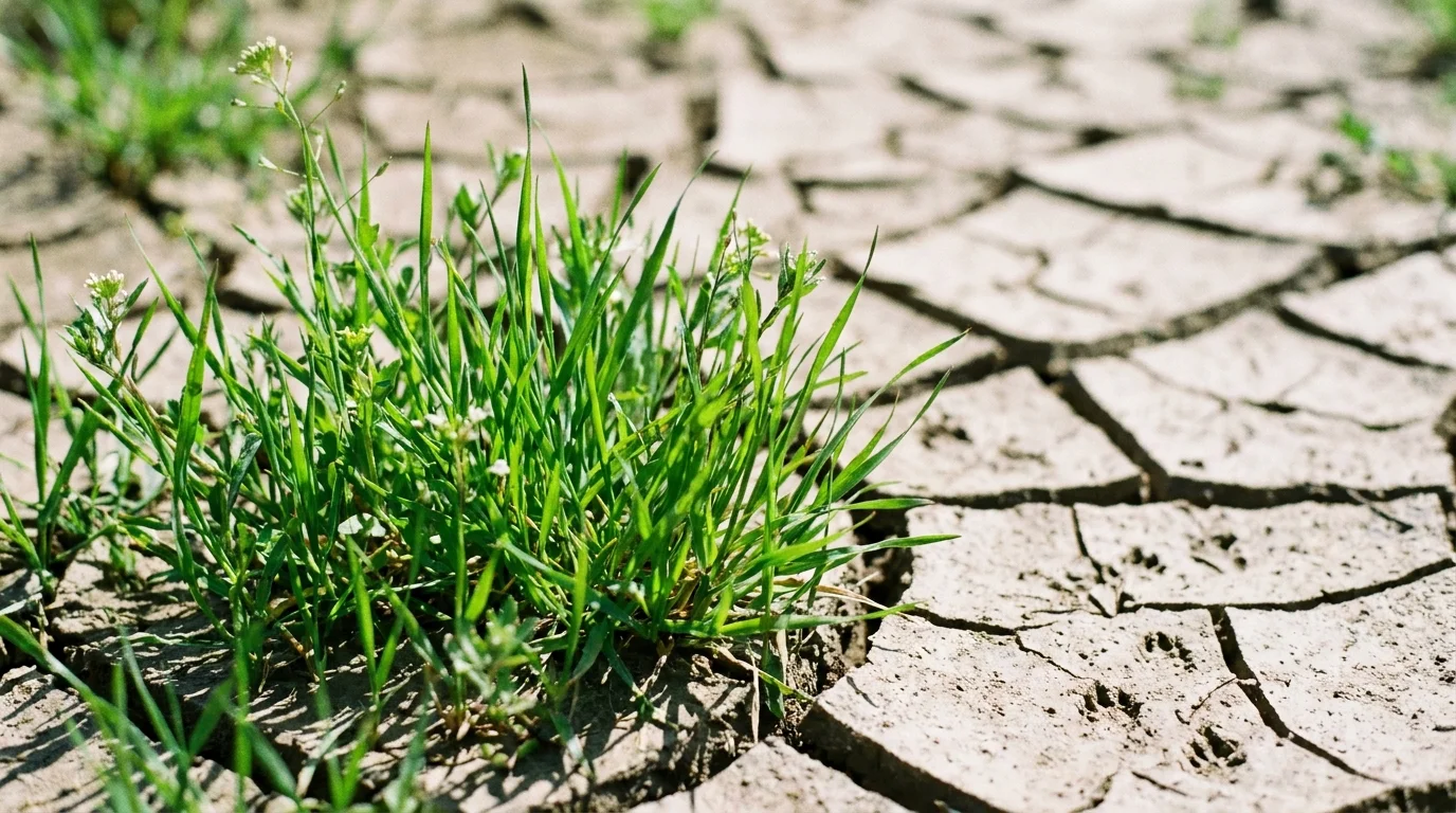 A macro photograph of green plants growing out of cracked, dry earth with small animal tracks nearby.