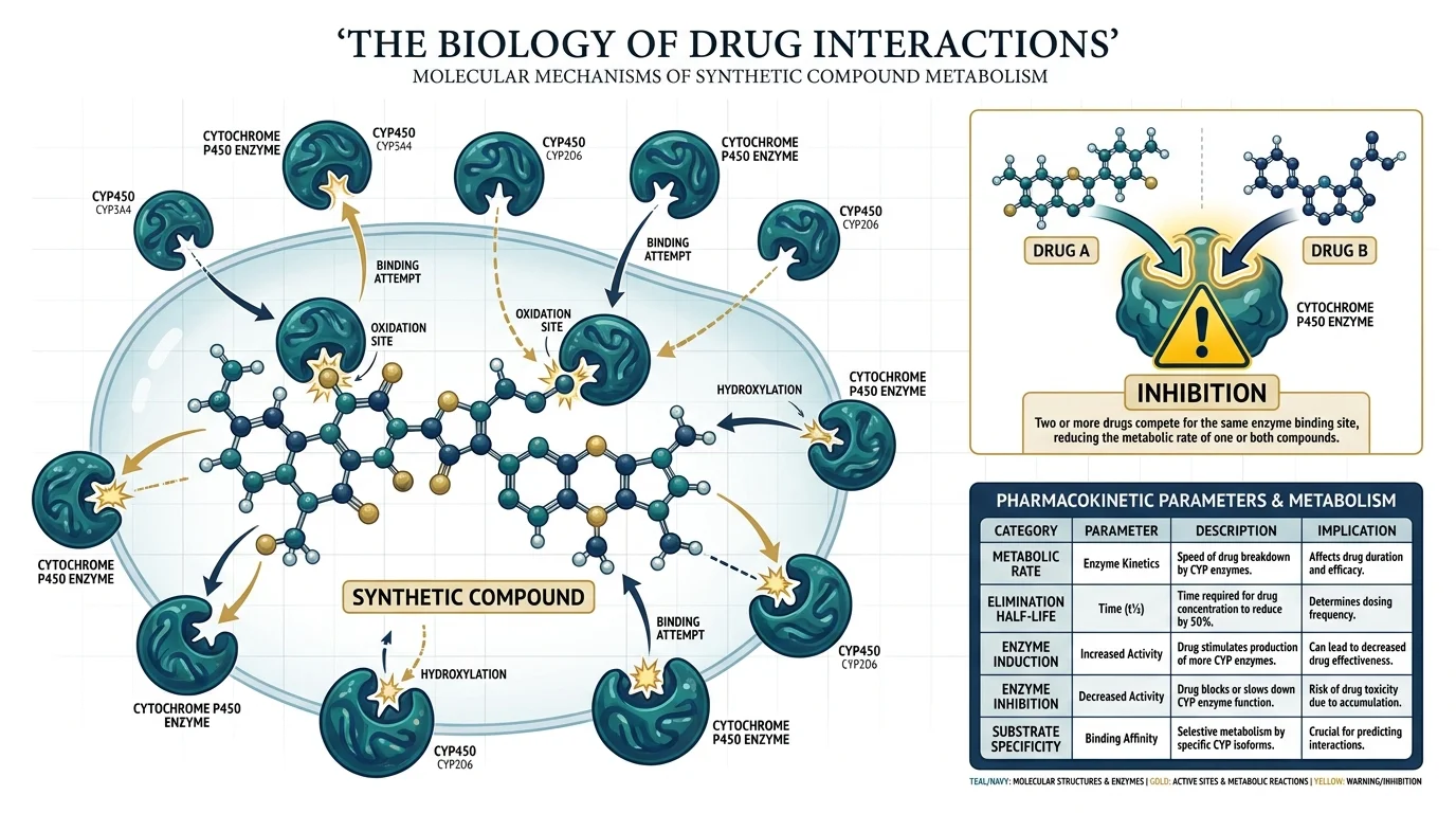 A medical diagram showing drug molecules competing for the same enzyme binding sites, causing a metabolic interaction.