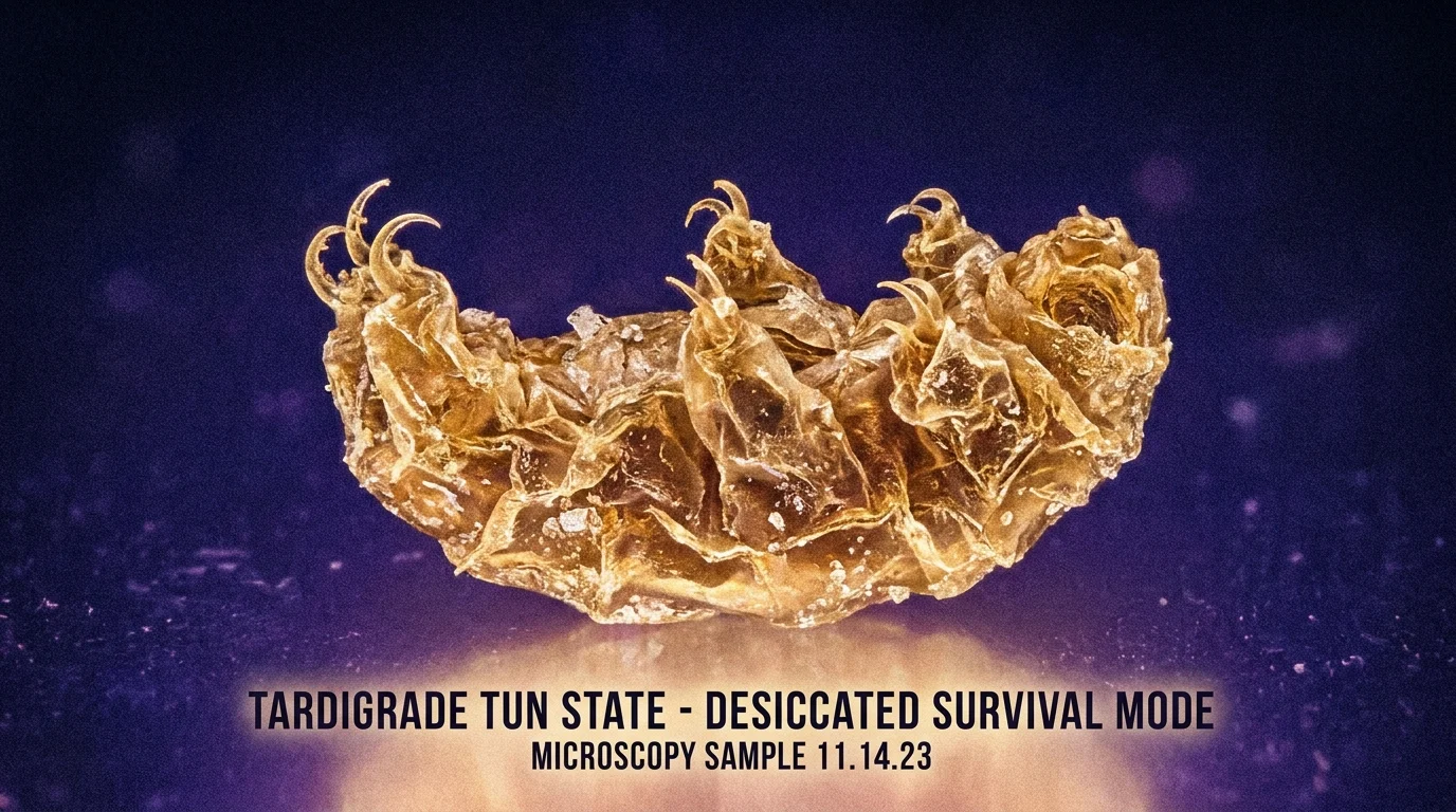 A microscopic view of a tardigrade in its resilient, dried-out state used for vaccine research.