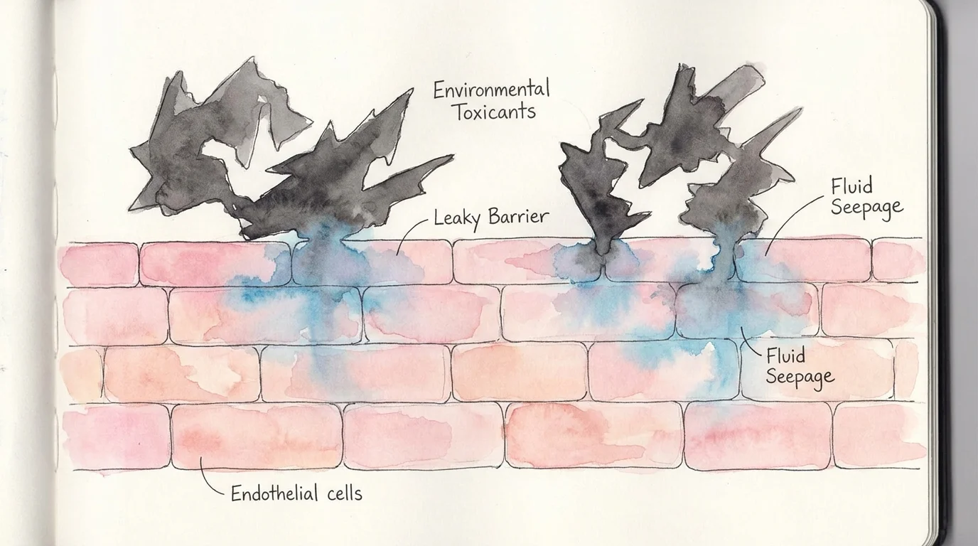 A microscopic watercolor illustration showing lung cells becoming permeable when exposed to environmental toxicants.