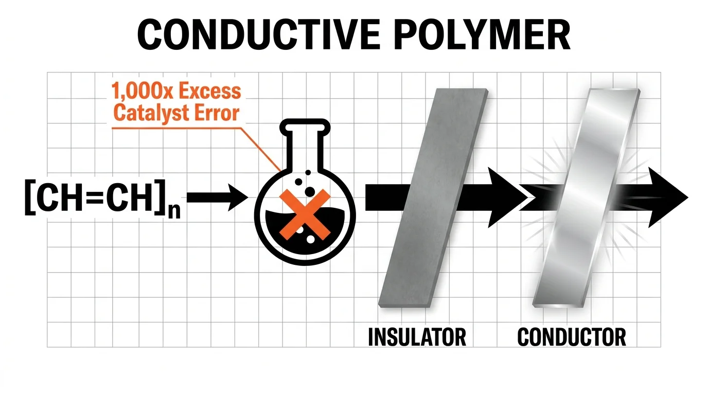 A minimalist diagram showing how a 1000x catalyst error transformed plastic into a conductive polymer.