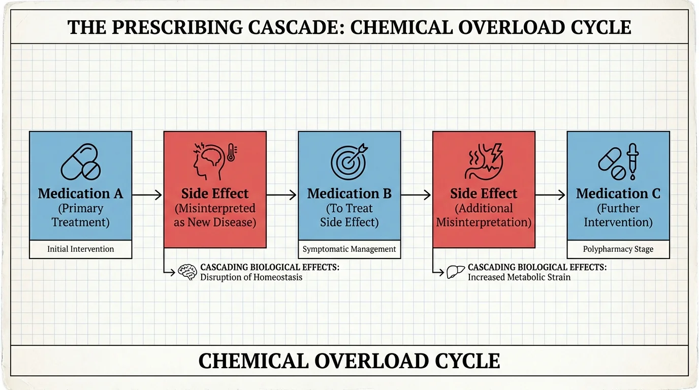 A minimalist flowchart showing how one medication's side effect leads to a second and third prescription.
