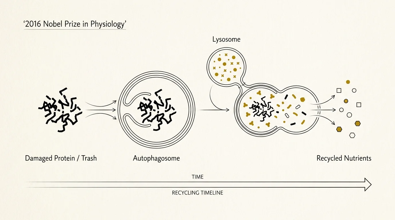 A minimalist ink diagram showing how cells encapsulate and recycle internal waste through autophagy.