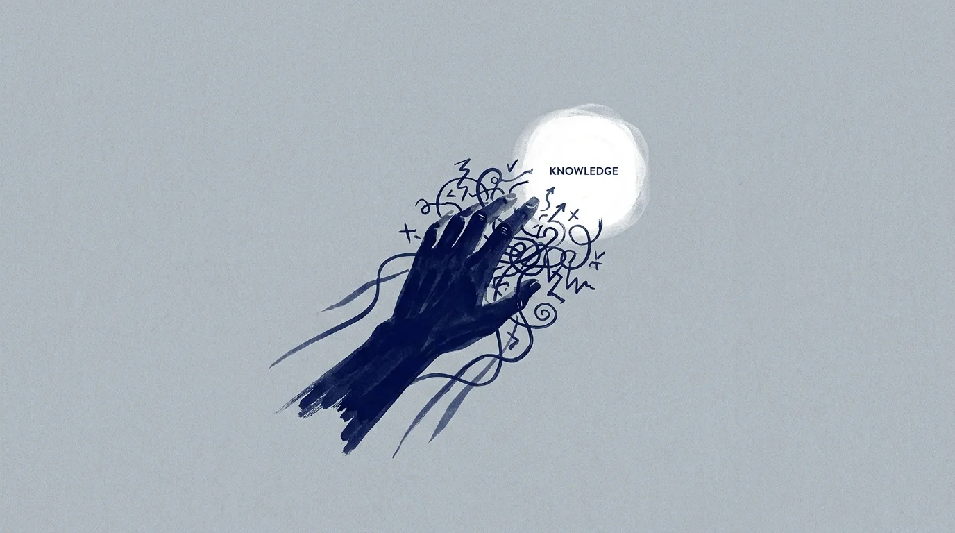 A minimalist ink drawing of a hand reaching for a glowing light, where the hand turns into a chaotic mess of wires as it gets closer.