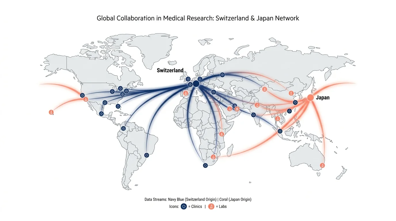 A minimalist world map showing research connections between Switzerland, Japan, and the rest of the world.