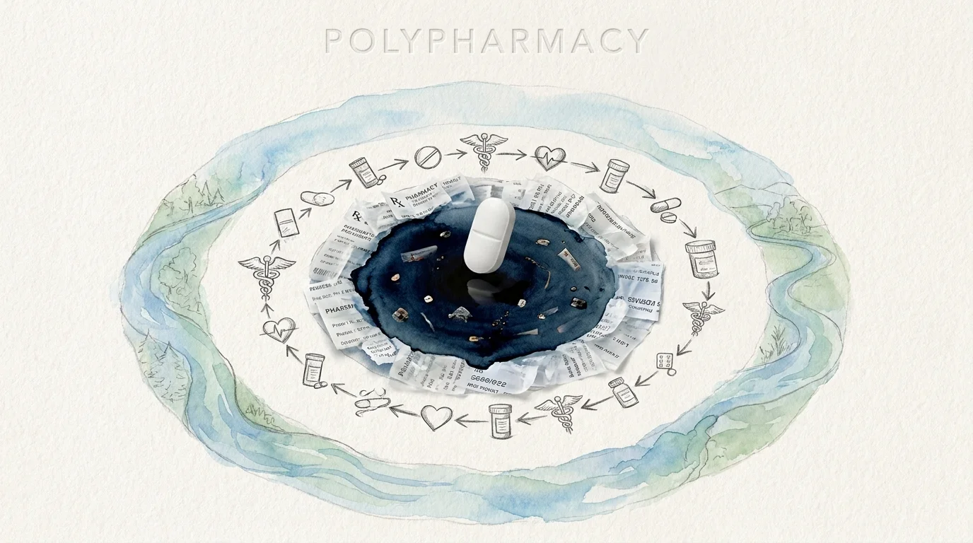 A mixed-media art piece showing a pill creating ripples that turn into medical receipts and a river, symbolizing systemic impact.