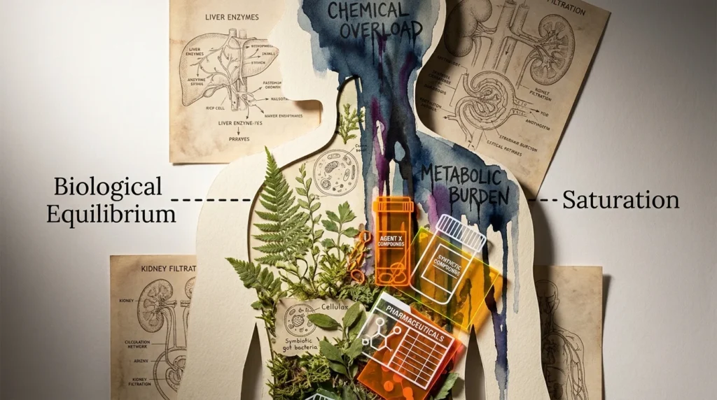 A mixed-media collage of a human silhouette filled with plants and overlaid with neon geometric shapes, symbolizing drug saturation.