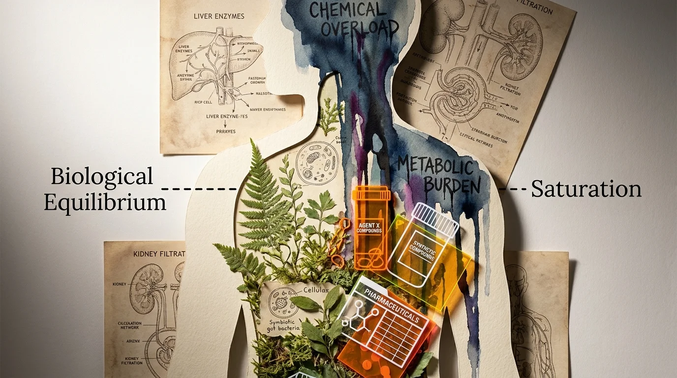 A mixed-media collage of a human silhouette filled with plants and overlaid with neon geometric shapes, symbolizing drug saturation.