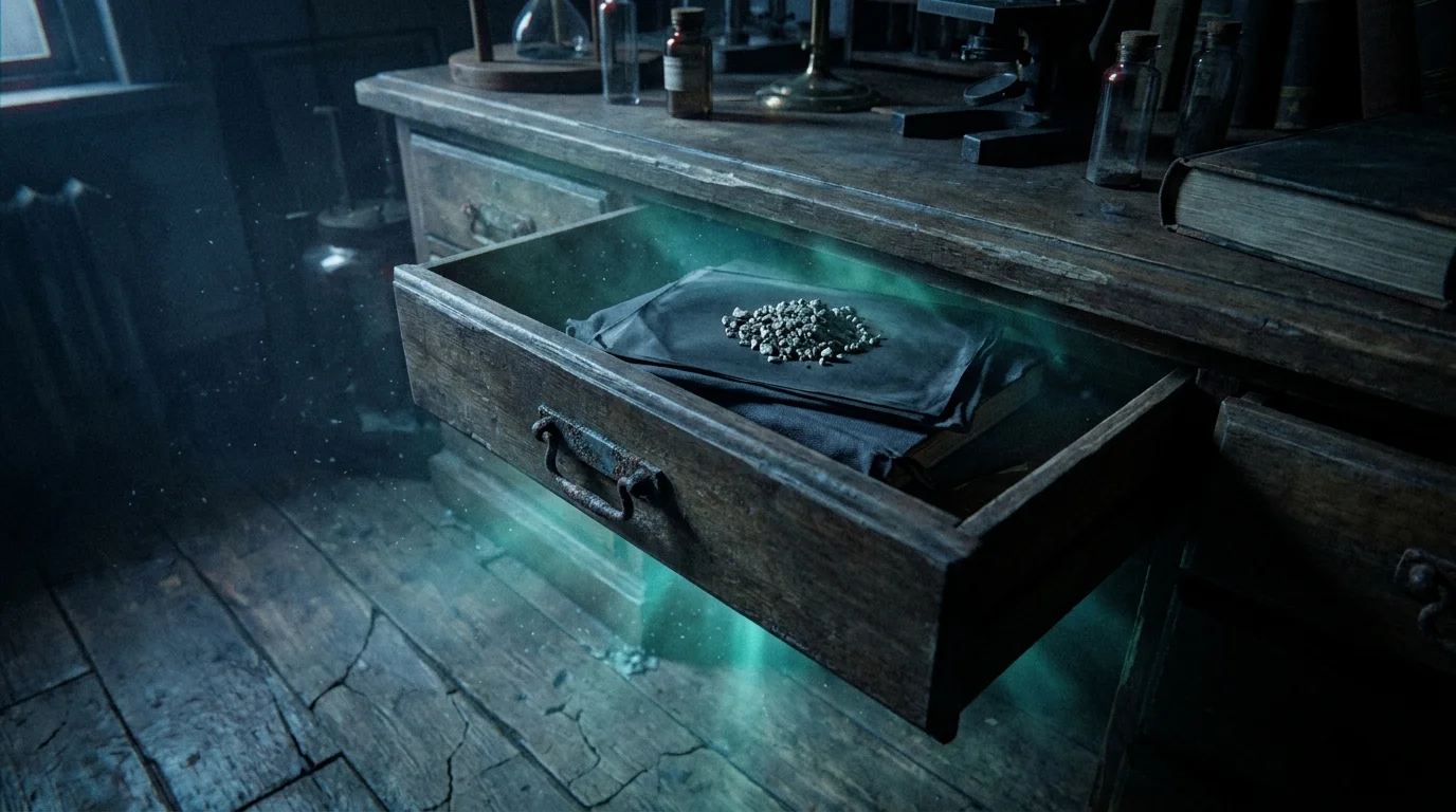 A moody photo of a dark wooden drawer slightly open, with a faint glow coming from within.
