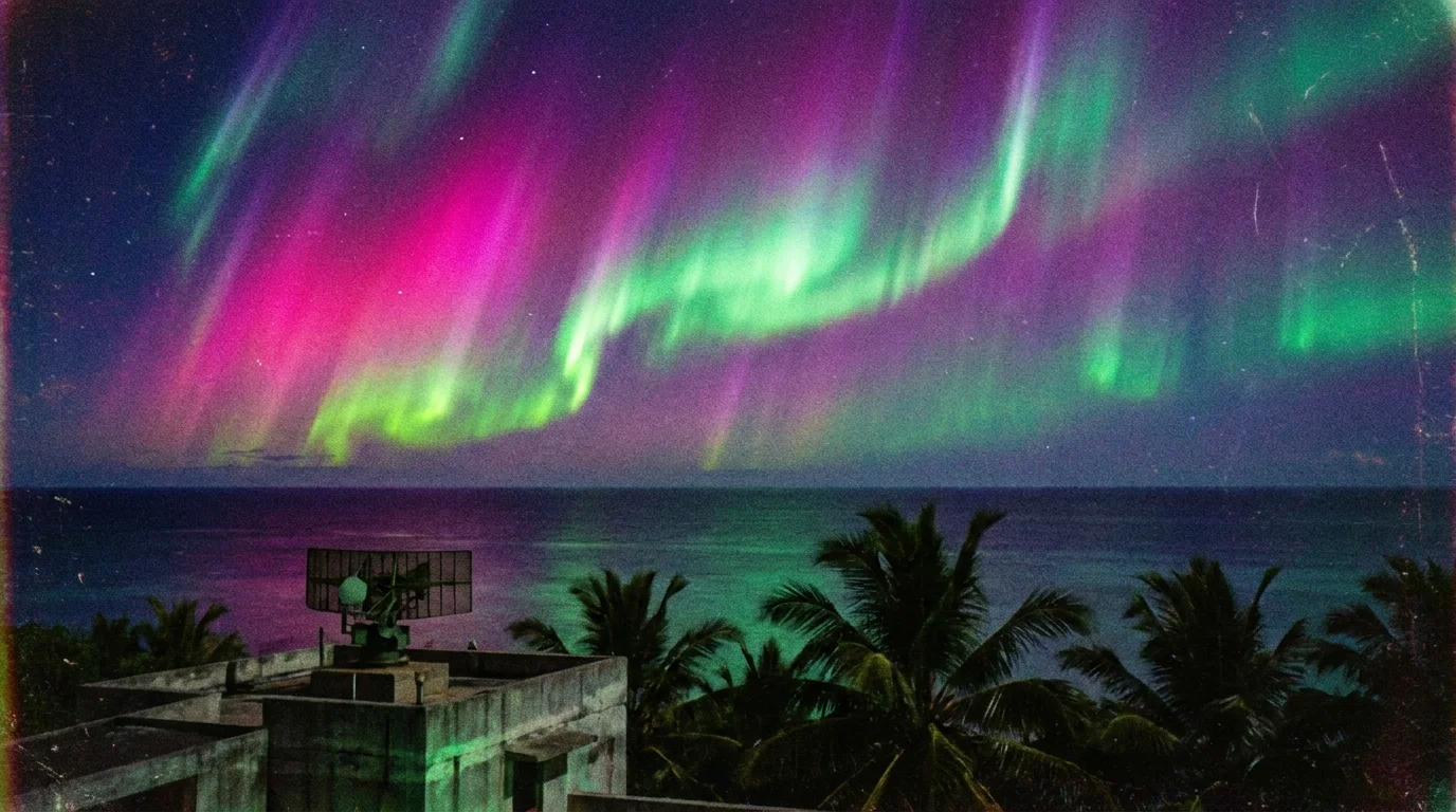 A night sky over palm trees glowing with strange magenta and green lights from a high-altitude explosion.