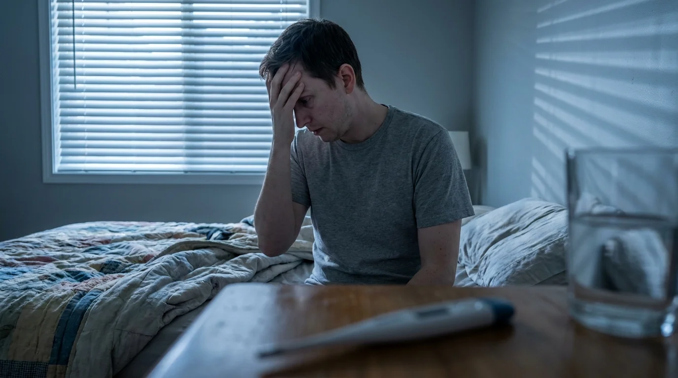 A person sitting on the edge of a bed looking exhausted and ill, with a thermometer on the nightstand.