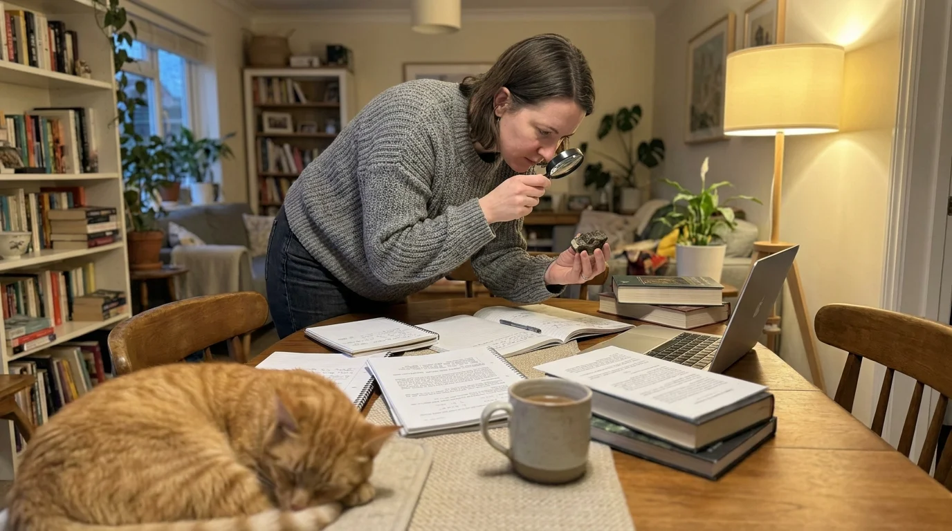 A photo of a scientist in casual clothes at a kitchen table, carefully examining a specimen with a magnifying glass.