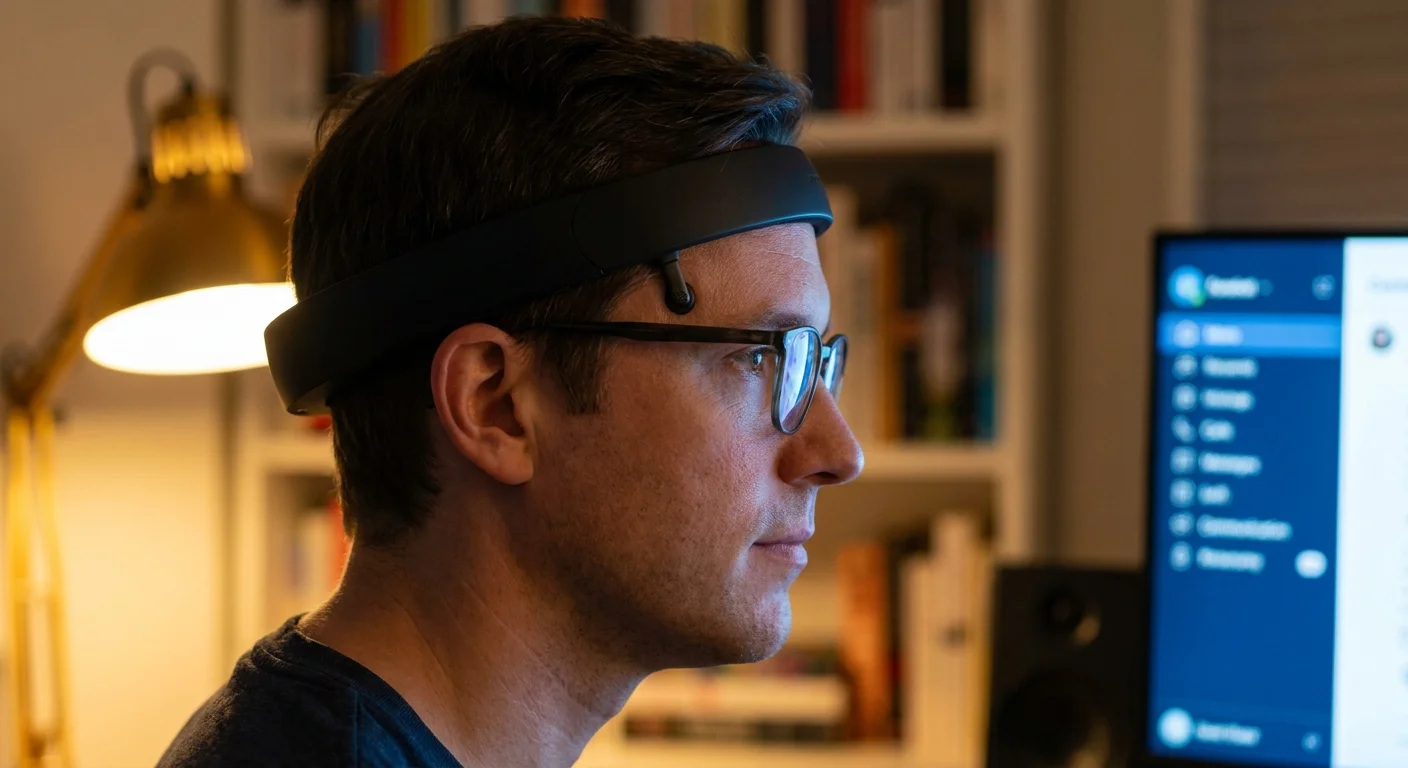 A photograph of a person wearing a sleek brain-computer interface headband while looking at a screen.