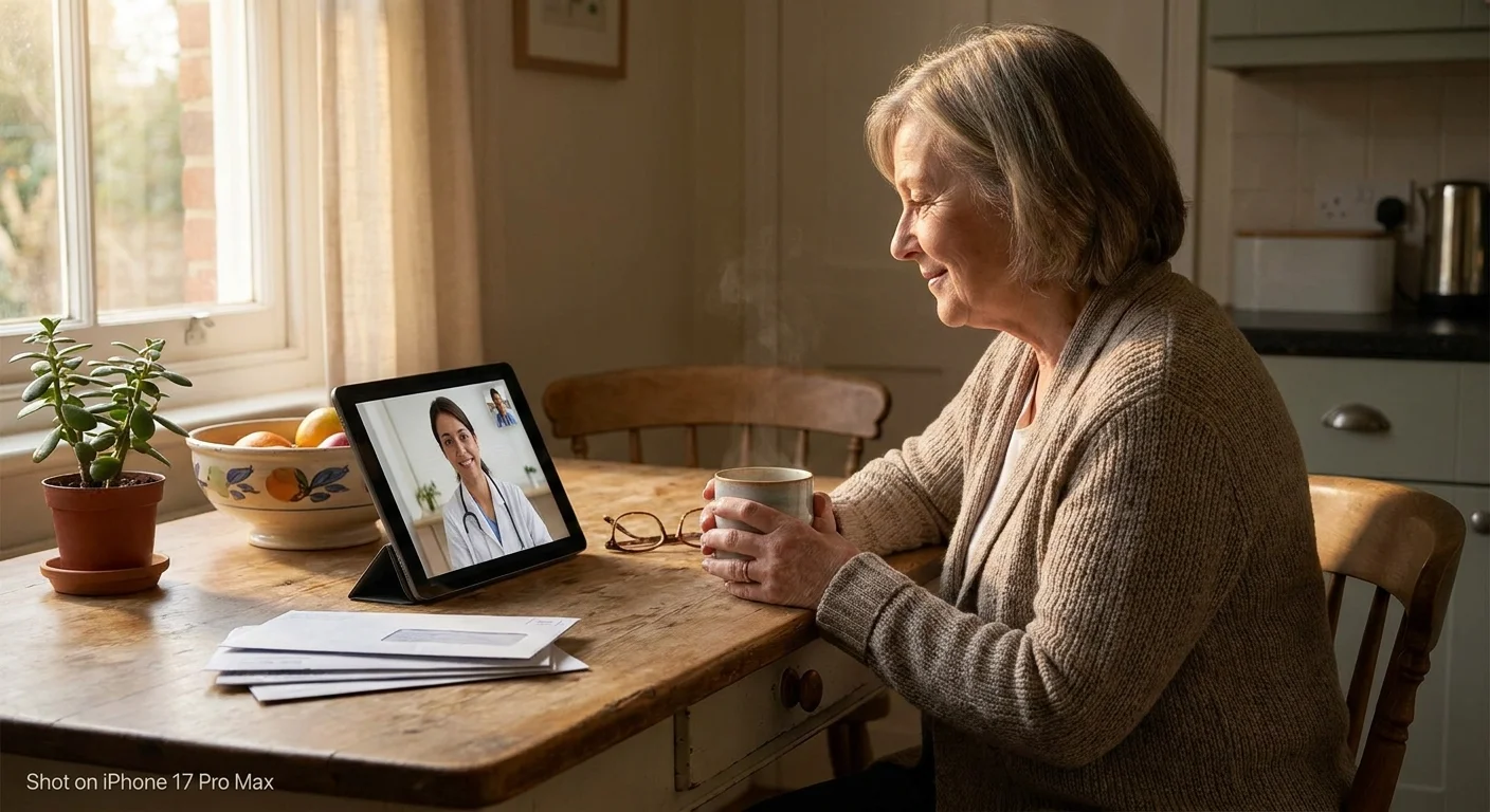 A photograph of an elderly woman having a video call with her doctor from her sunlit kitchen.