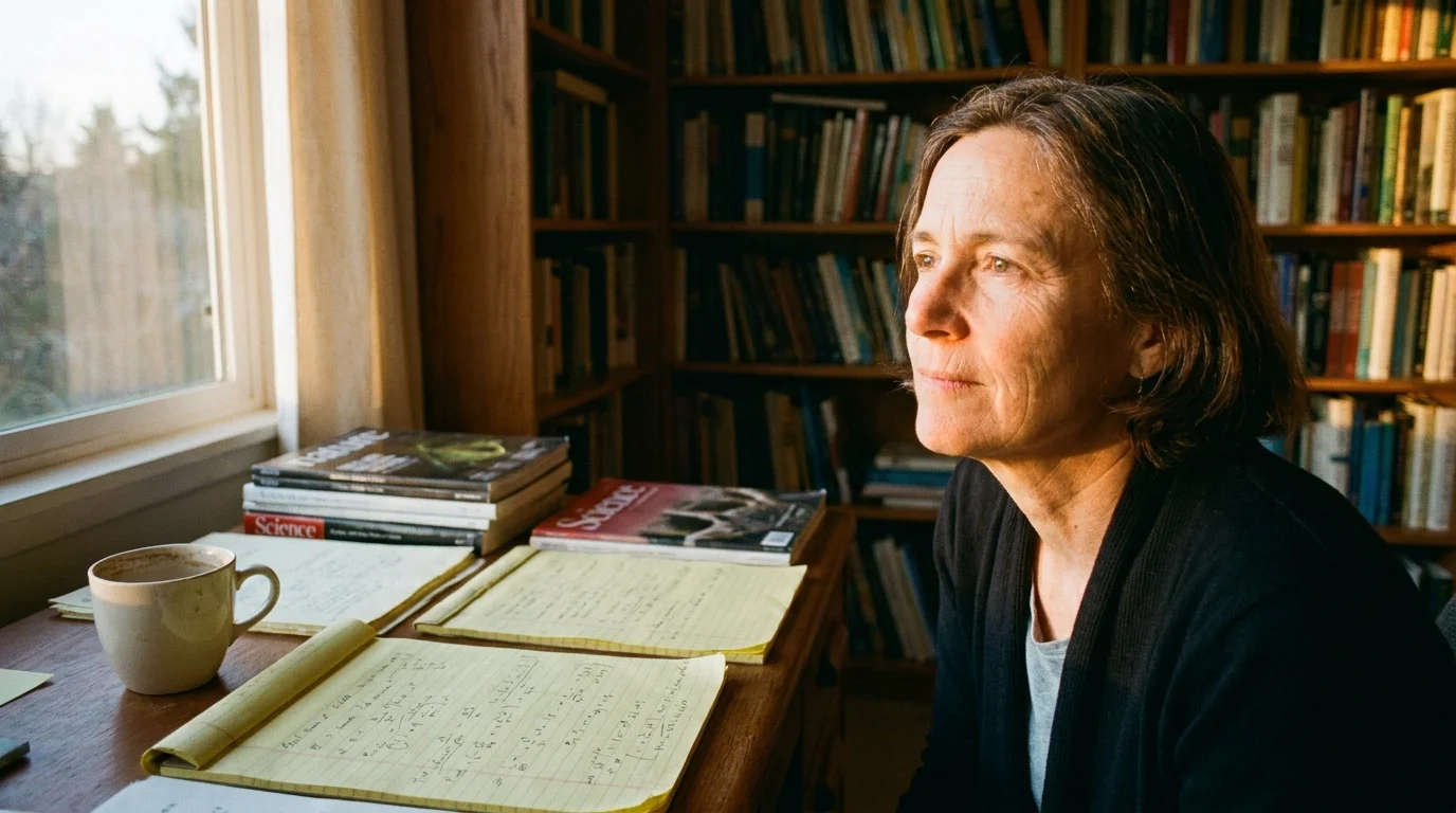 A physicist sitting at a cluttered desk in a home library, looking thoughtfully out a window in the afternoon sun.