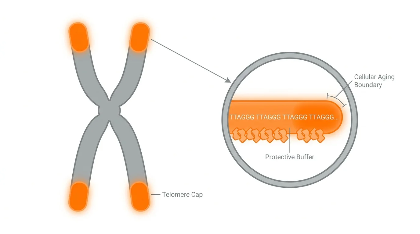 A precise biological diagram of a chromosome with bright orange protective caps on the ends, labeled as telomeres.