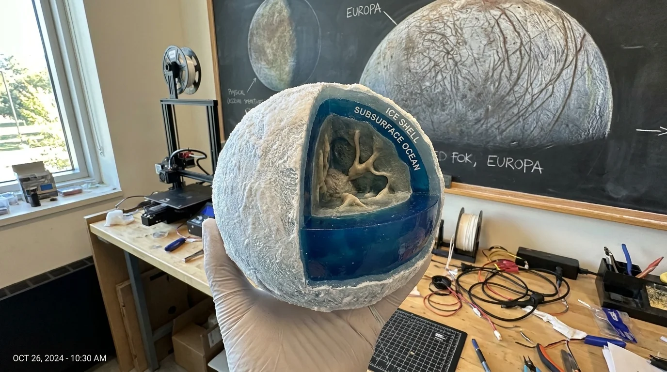 A researcher holding a model of an icy moon with a cross-section revealing a hidden liquid water ocean beneath the surface.